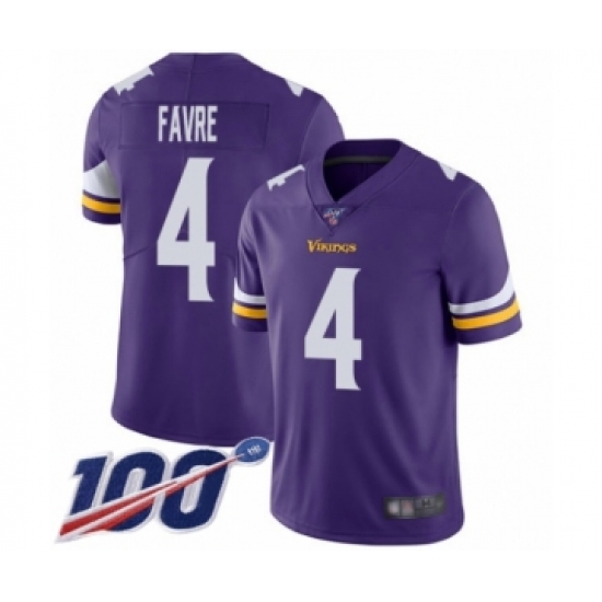 Men's Minnesota Vikings #4 Brett Favre Purple Team Color Vapor Untouchable Limited Player 100th Season Football Jersey - Ujersey