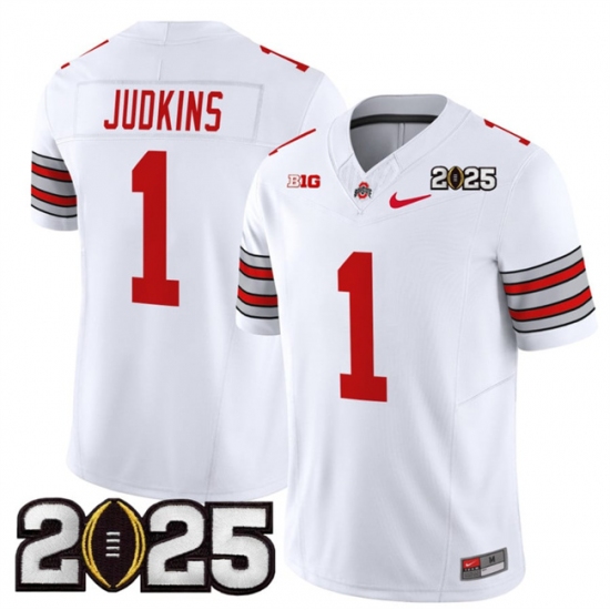 Men's Ohio State Buckeyes #1 Quinshon Judkins White 2025 CFP Final Patch F.U.S.E. Vapor Limited Stitched Football Jersey - Ujersey