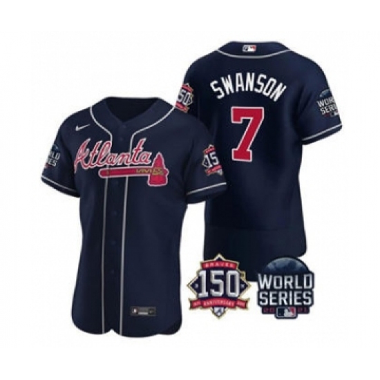 Men's Atlanta Braves #7 Dansby Swanson 2021 Navy World Series Flex Base With 150th Anniversary Patch Baseball Jersey - Ujersey