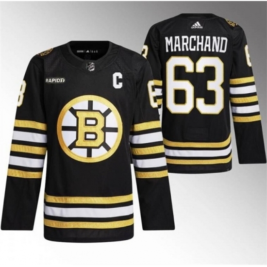 Men's Boston Bruins #63 Brad Marchand Black With Rapid7 100th Anniversary Stitched Jersey - Ujersey