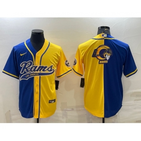 Men's Los Angeles Rams Royal Yellow Split Team Big Logo With Patch Cool Base Stitched Baseball Jersey - Ujersey