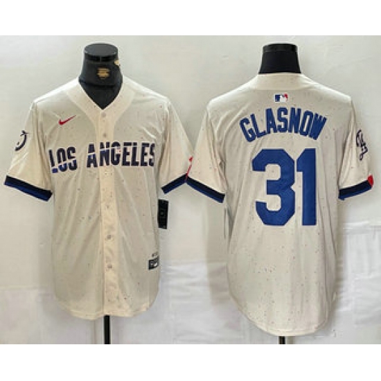 Men's Los Angeles Dodgers #31 Tyler Glasnow Cream Blue 2024 City Connect Limited Stitched Jersey - Ujersey
