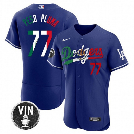 Men's Los Angeles Dodgers #77 Pezo Pluma Royal Mexico Special Vin Scully Flex Base Stitched Baseball Jersey - Ujersey
