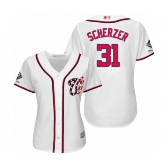 Women's Washington Nationals #31 Max Scherzer Authentic White Home Cool Base 2019 World Series Champions Baseball Jersey - Ujersey