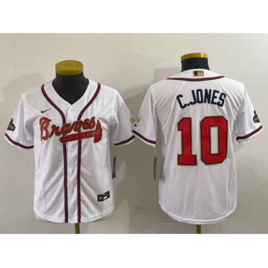 Youth Atlanta Braves #10 Chipper Jones 2022 White Gold World Series Champions Cool Base Stitched Jersey - Ujersey