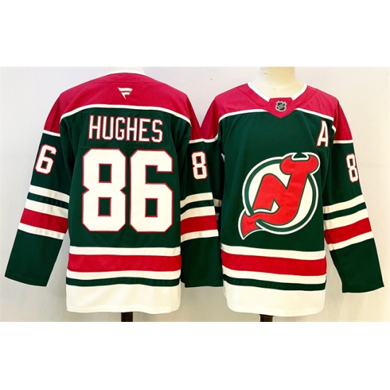 Men's New Jersey Devils #86 Jack Hughes Green Red 2024-25 With A Stitched Hockey Jersey - Ujersey
