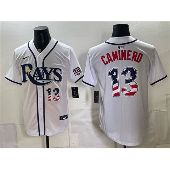 Men's Tampa Bay Rays #13 Junior Caminero White 2026 USA 250 Fourth of July Home Stitched Baseball Jersey