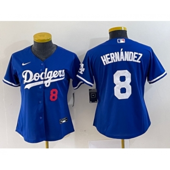 Women's Nike Los Angeles Dodgers #8 Kike Hernandez Number Blue Stitched Cool Base Jersey - Ujersey