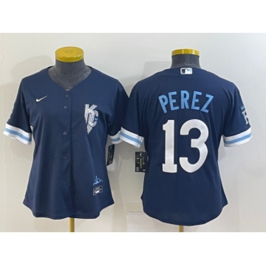 Women's Kansas City Royals #13 Salvador Perez 2022 Navy Blue City Connect Cool Base Stitched Jersey - Ujersey