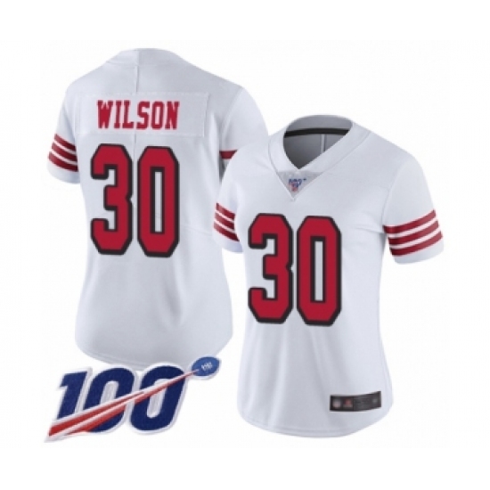 Women's San Francisco 49ers #30 Jeff Wilson Limited White Rush Vapor Untouchable 100th Season Football Jersey - Ujersey