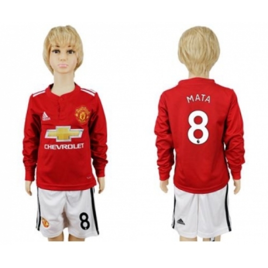 Manchester United #8 Mata Home Long Sleeves Kid Soccer Club Jersey