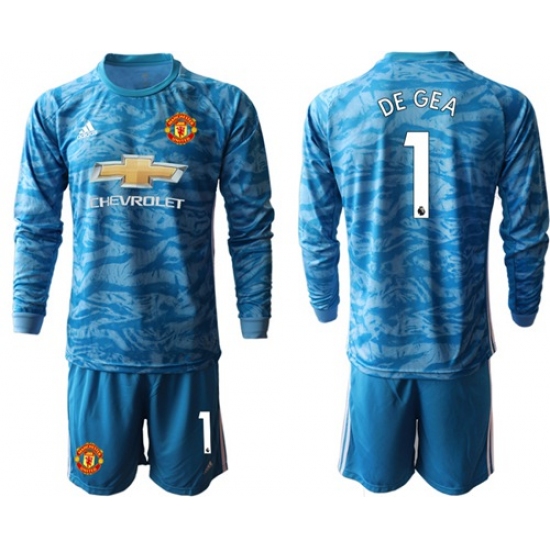 Manchester United #1 De Gea Light Blue Goalkeeper Long Sleeves Soccer Club Jersey