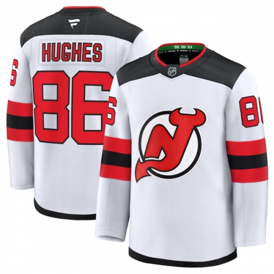Men's New Jersey Devils #86 Hughes Fanatics White 2024-25 Away Stitched Hockey Jersey - Ujersey