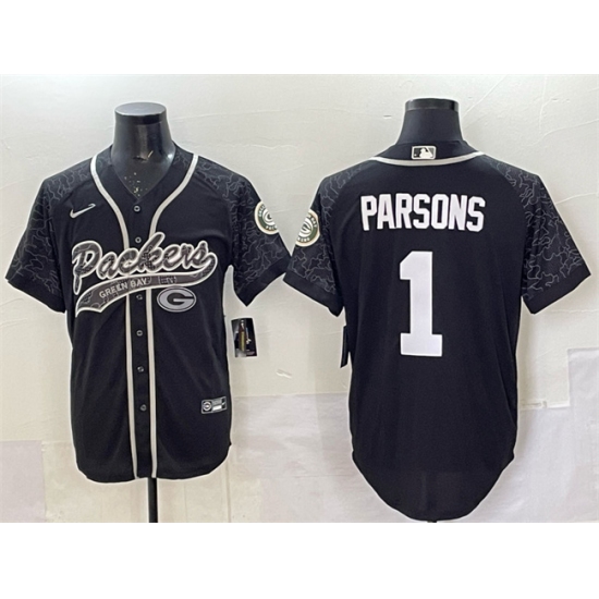 Men's Green Bay Packers #1 Micah Parsons Black Reflective With Cool Base Stitched Baseball Jersey - Ujersey