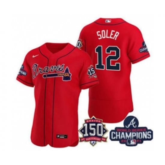 Men's Atlanta Braves #12 Jorge Soler 2021 Red World Series Champions With 150th Anniversary Flex Base Stitched Jersey - Ujersey
