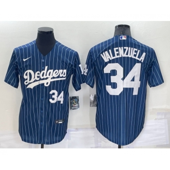 Men's Los Angeles Dodgers #34 Fernando Valenzuela Number Navy Blue Pinstripe Stitched MLB Cool Base Nike Jersey - Ujersey