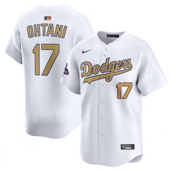 Men's Los Angeles Dodgers #17 Shohei Ohtani White 2025 Gold Collection Limited Stitched Baseball Jersey - Ujersey