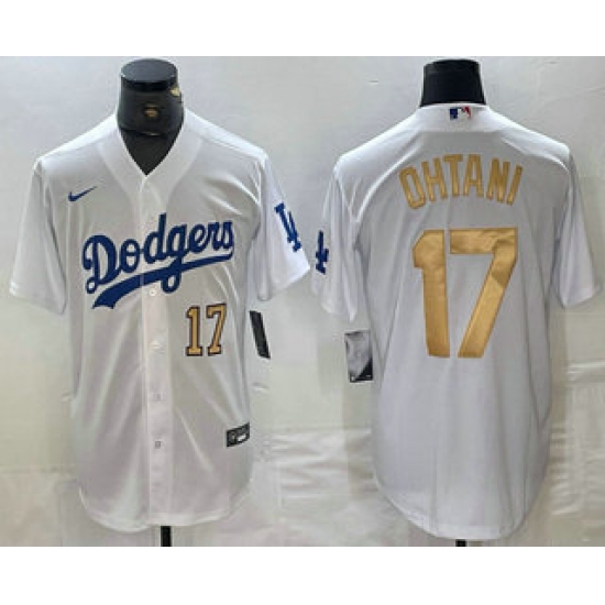 Men's Los Angeles Dodgers #17 Shohei Ohtani Number White Gold Stitched Cool Base Nike Jerseys - Ujersey