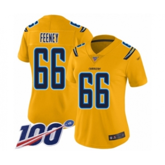 Women's Los Angeles Chargers #66 Dan Feeney Limited Gold Inverted Legend 100th Season Football Jersey - Ujersey