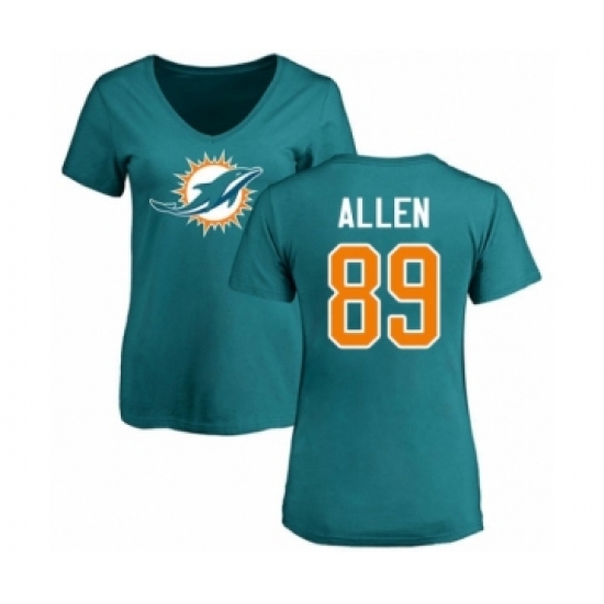 Football Women's Miami Dolphins #89 Dwayne Allen Aqua Green Name & Number Logo T-Shirt - Ujersey