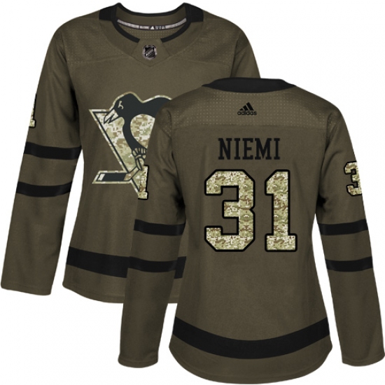 Women's Adidas Pittsburgh Penguins #31 Antti Niemi Authentic Green Salute to Service NHL Jersey - Ujersey