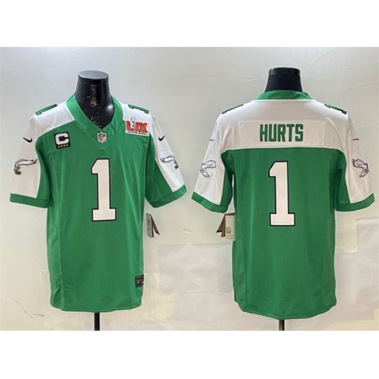 Men's Philadelphia Eagles #1 Jalen Hurts Green White 2025 Super Bowl LIX And 4-Star C F.U.S.E. Vapor Untouchable Limited Football Stitched Jersey