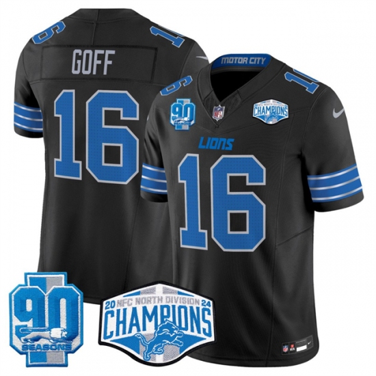 Men's Detroit Lions #16 Jared Goff Black 2024 NFC North Champions 90th Anniversary F.U.S.E. Vapor Limited Stitched Jersey - Ujersey