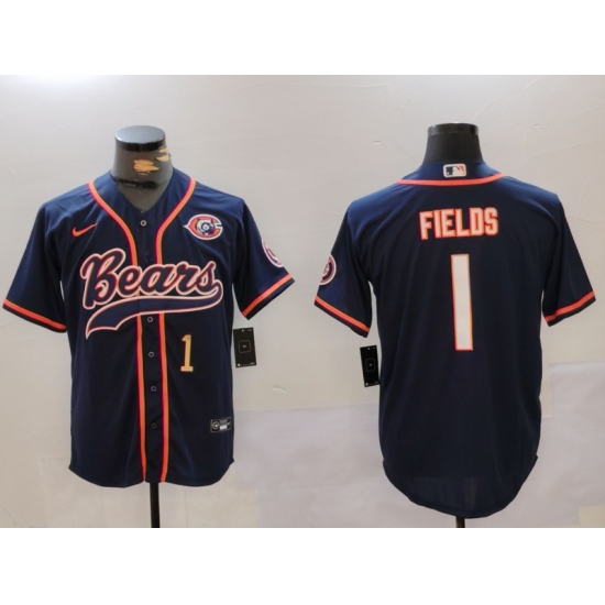 Men's Chicago Bears #1 Justin Fields Navy Throwback With Cool Base Stitched Baseball Jerseys - Ujersey