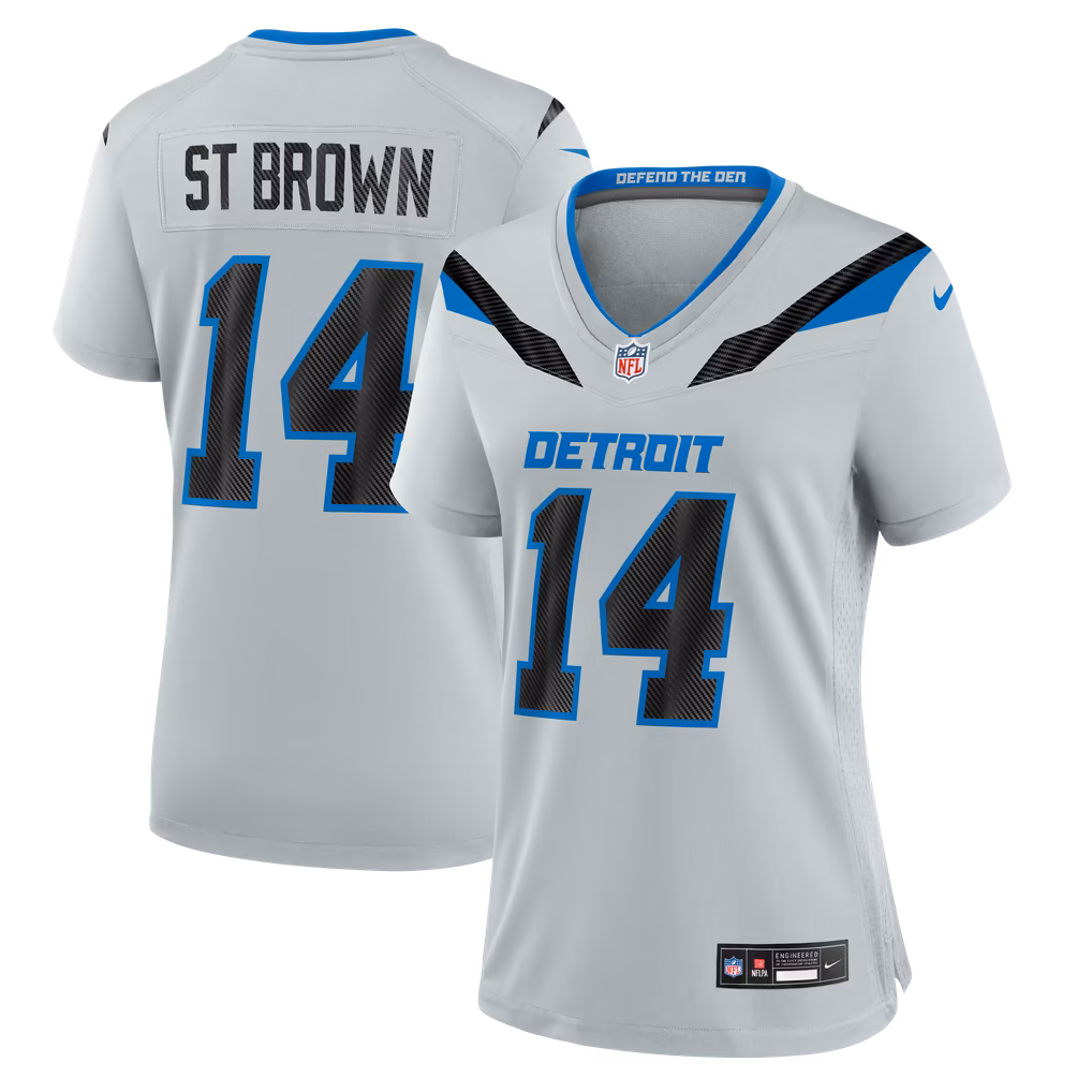 Women's Detroit Lions Amon-Ra St. Brown Nike Silver 2026 Rivalries Collection Game Jersey - Ujersey