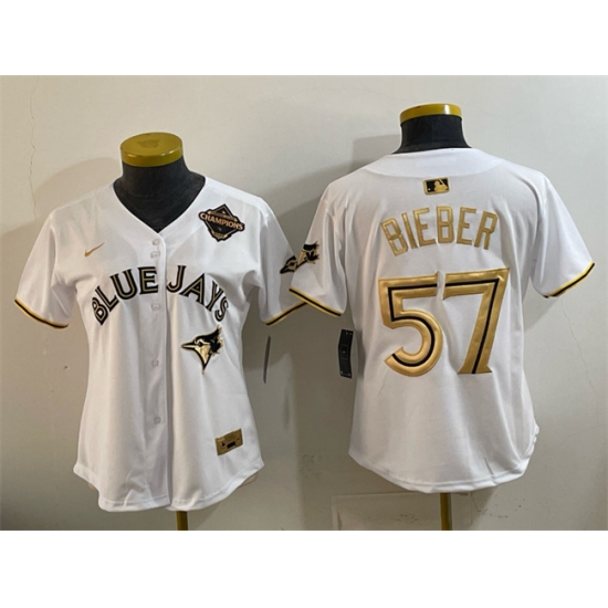 Women's Toronto Blue Jays #57 Shane Bieber White Gold 2025 American League Champions Limited Stitched Baseball Jersey(Run Small)