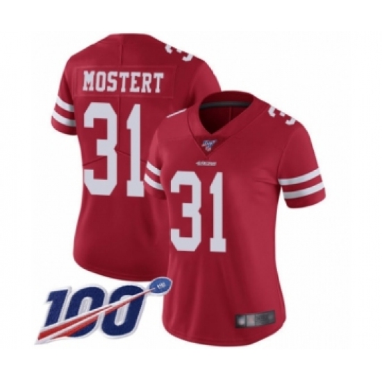 Women's San Francisco 49ers #31 Raheem Mostert Red Team Color Vapor Untouchable Limited Player 100th Season Football Jersey - Ujersey