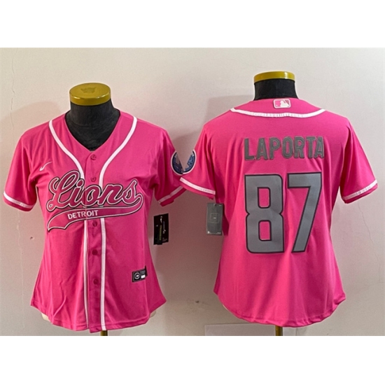 Women's Detroit Lions #87 Sam LaPorta Pink With Cool Base Stitched Baseball Jersey - Ujersey