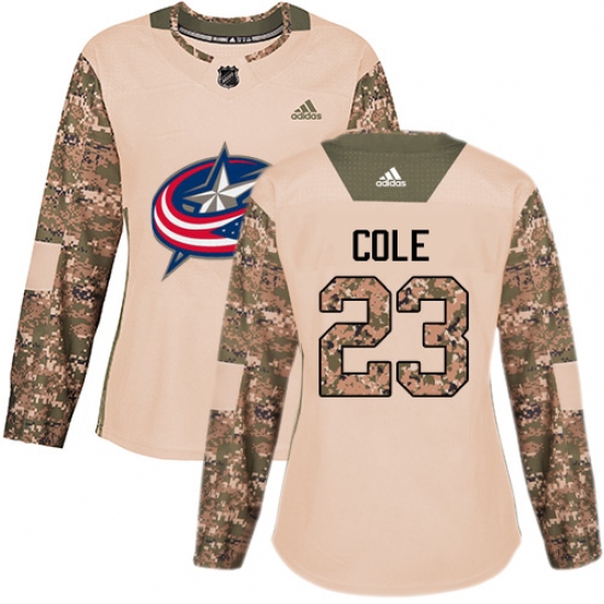 Women's Adidas Columbus Blue Jackets #23 Ian Cole Authentic Camo Veterans Day Practice NHL Jersey - Ujersey
