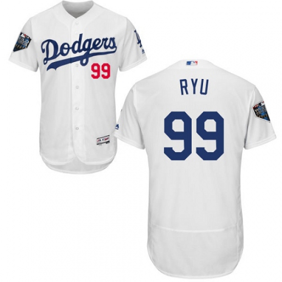 Men's Majestic Los Angeles Dodgers #99 Hyun-Jin Ryu White Home Flex Base Authentic Collection 2018 World Series MLB Jersey - Ujersey