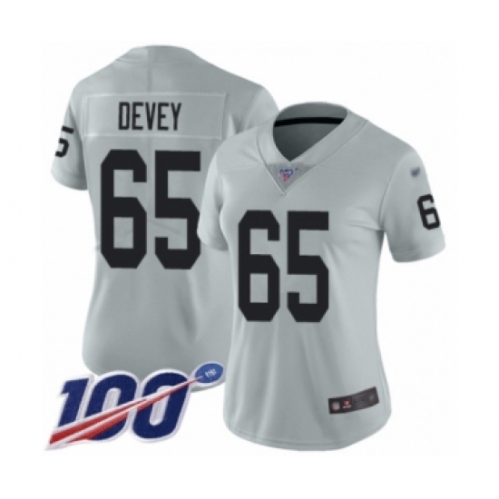 Women's Oakland Raiders #65 Jordan Devey Limited Silver Inverted Legend 100th Season Football Jersey