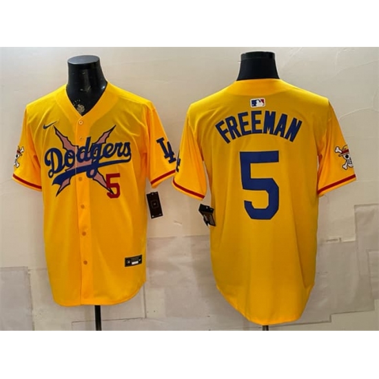 Men's Los Angeles Dodgers x One Piece #5 Freddie Freeman Yellow Vapor Premier Limited Stitched Baseball Jersey - Ujersey