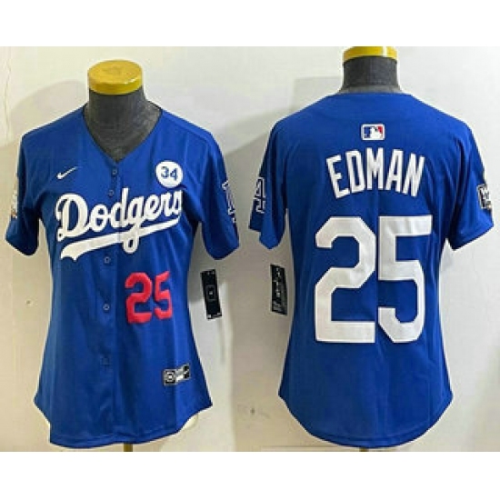 Women's Los Angeles Dodgers #25 Tommy Edman Number Blue 2024 World Series With Fernando 34 Fashion Limited Stitched Jersey - Ujersey