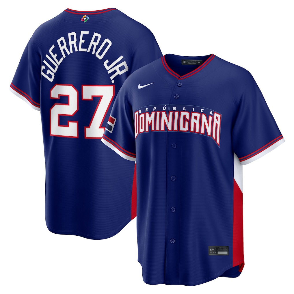 Men's Dominican Republic Baseball Vladimir Guerrero Jr. Nike Royal 2026 World Baseball Classic Road Stadium Jersey - Vujersey Los Angeles Rams