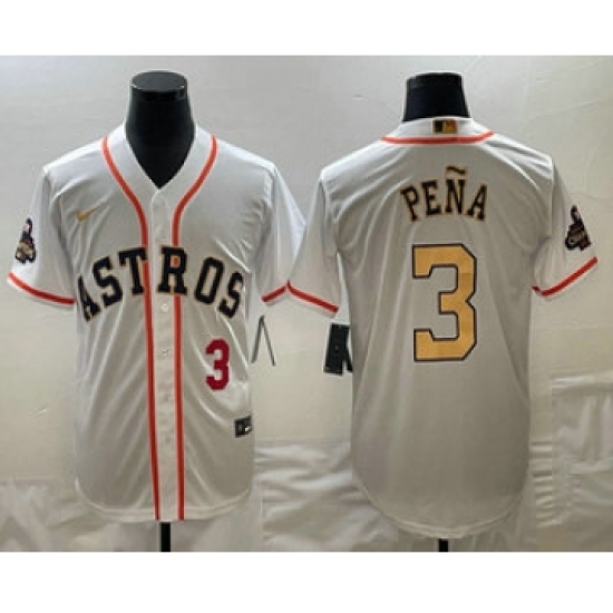Men's Houston Astros #3 Jeremy Pena 2023 White Gold World Serise Champions Cool Base Stitched Jerseys - Ujersey