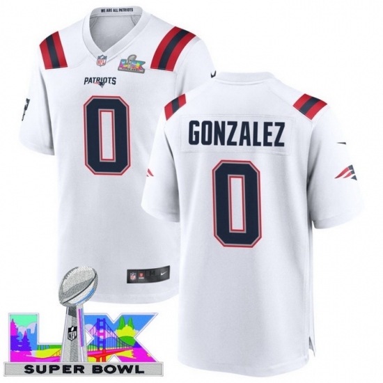 Men's New England Patriots #0 Christian Gonzalez White 2025 2026 Super Bowl LX F U S E Stitched Jersey - Ujersey