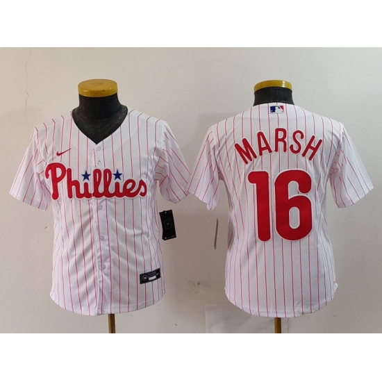 Youth Philadelphia Phillies #16 Brandon Marsh White Pinstripe Stitched Cool Base Jersey - Ujersey