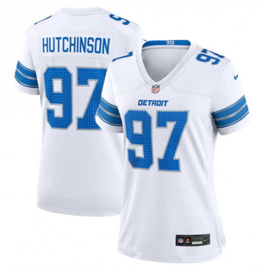 Women's Detroit Lions #97 Aidan Hutchinson White Stitched Jersey(Run Smaller) - Ujersey