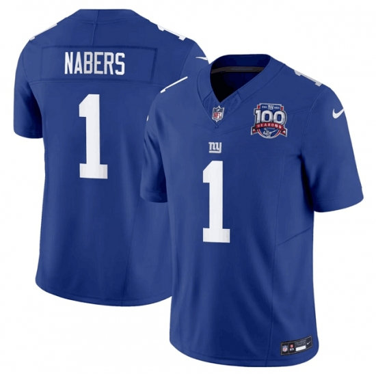 Men's New York Giants #1 Malik Nabers Blue 2024 Draft F.U.S.E. 100TH Season Vapor Untouchable Limited Stitched Jersey - Ujersey
