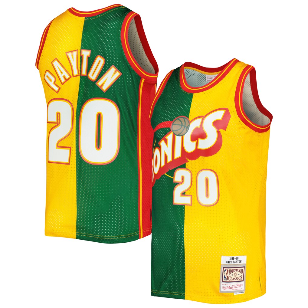 Men's Seattle SuperSonics Gary Payton Mitchell & Ness Green/Gold Hardwood Classics 1995/96 Split Swingman Jersey - Ujersey