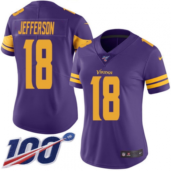 Women's Minnesota Vikings #18 Justin Jefferson Purple Stitched NFL Limited Rush 100th Season Jersey - Ujersey