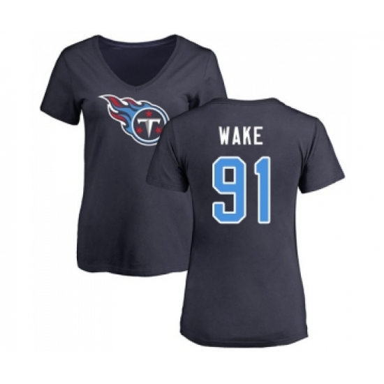 Football Women's Tennessee Titans #91 Cameron Wake Navy Blue Name & Number Logo T-Shirt - Ujersey