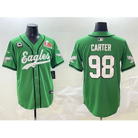 Men's Philadelphia Eagles #98 Jalen Carter Green 2025 Super Bowl LIX And 3-Star C Stitched Baseball Jersey - Ujersey