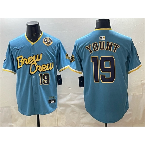 Men's Milwaukee Brewers #19 Robin Yount Powder Blue City Connect With Home & Bob Uecker Limited Stitched Baseball Jersey - Ujersey