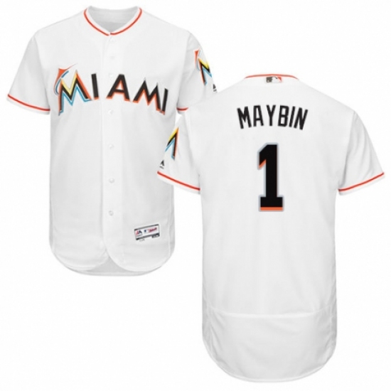 Men's Majestic Miami Marlins #1 Cameron Maybin White Home Flex Base Authentic Collection MLB Jersey - Ujersey