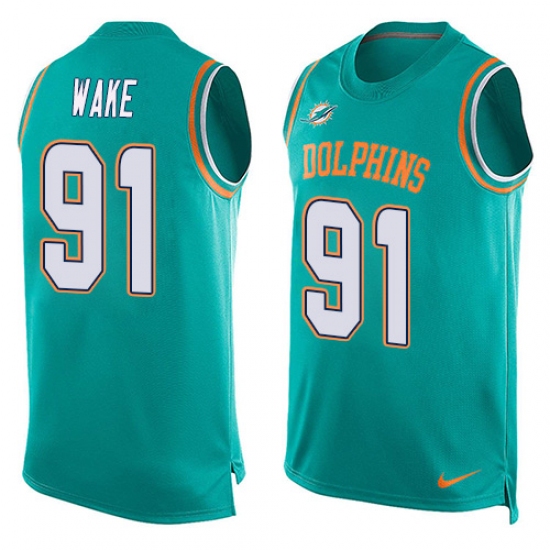 Men's Nike Miami Dolphins #91 Cameron Wake Limited Aqua Green Player Name & Number Tank Top NFL Jersey - Ujersey